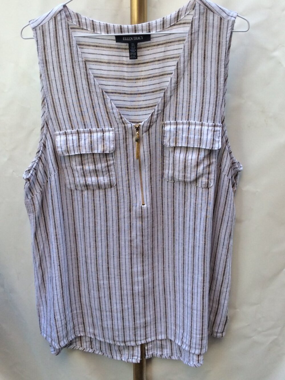 Ellen Tracy Striped Cotton Blend Blouse - Gold Zipper - Size L